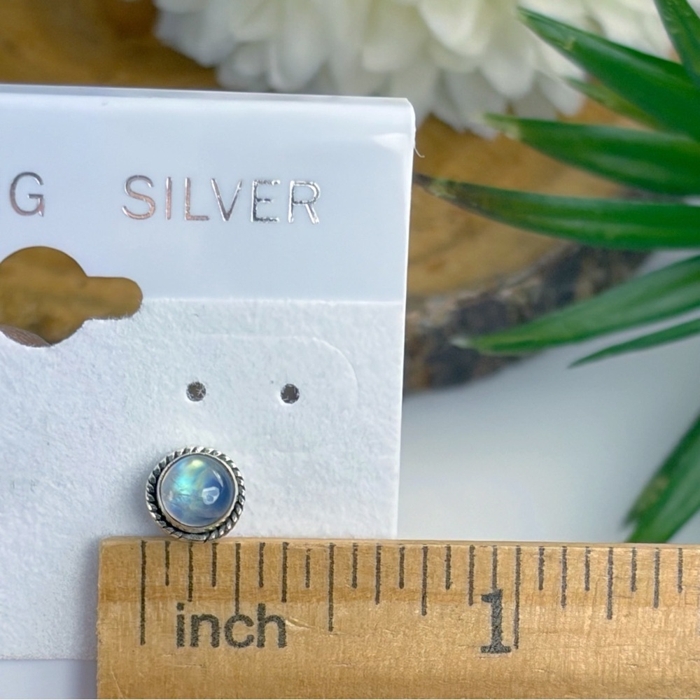 Pure Sterling Silver 925 Blue Rainbow Moonstone Stud Earrings Boho Southwest New - Picture 8 of 8
